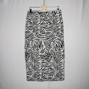 Vintage Zebra Midi Pencil Skirt Women 14W Black White Monochrome Lined 60s Y2K